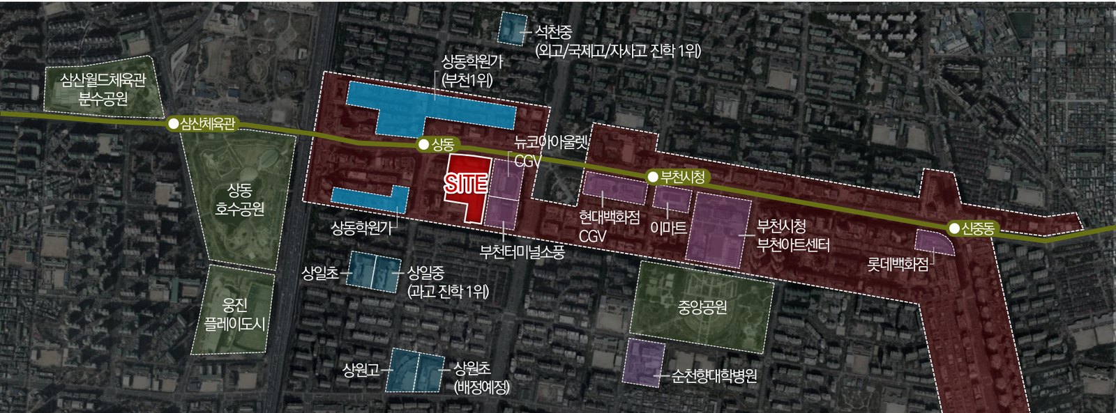 사업지 주변 학교·상업시설·공원 위치도